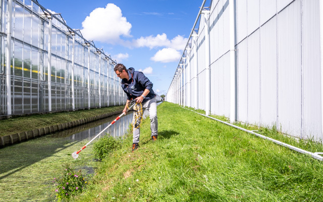 Medewerker voert buiten meting uit in sloot